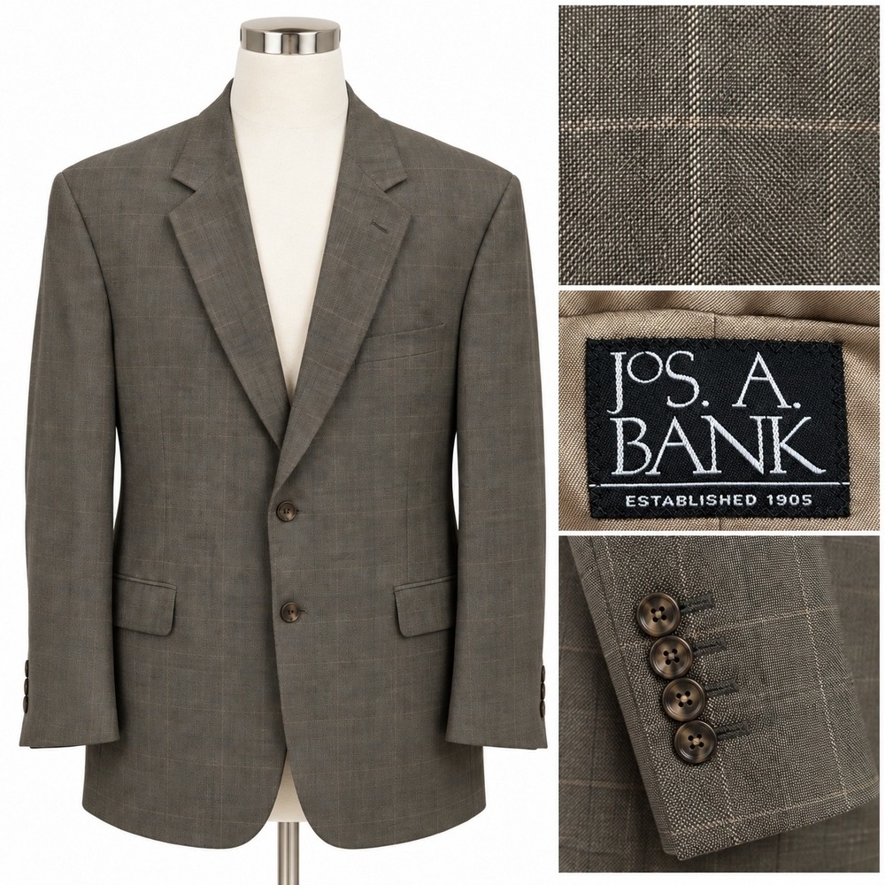 Jos A Bank Gordon Blazer Mens Size 46 Brown Silk Wool Windowpane Sport Coat